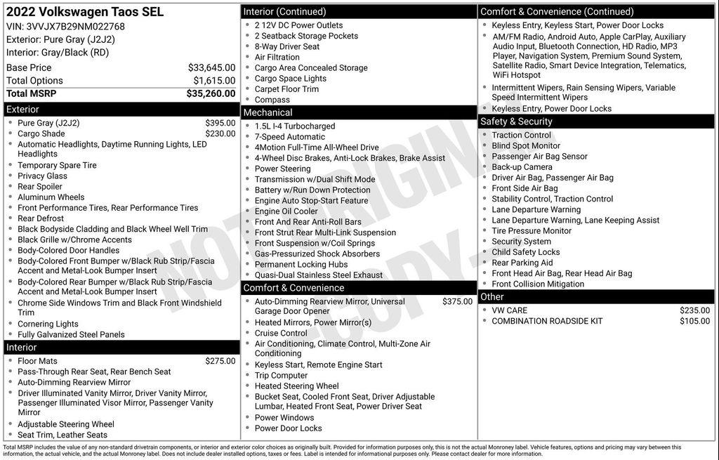 used 2022 Volkswagen Taos car, priced at $21,744