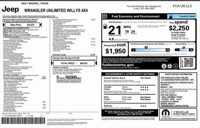 used 2021 Jeep Wrangler car, priced at $35,460