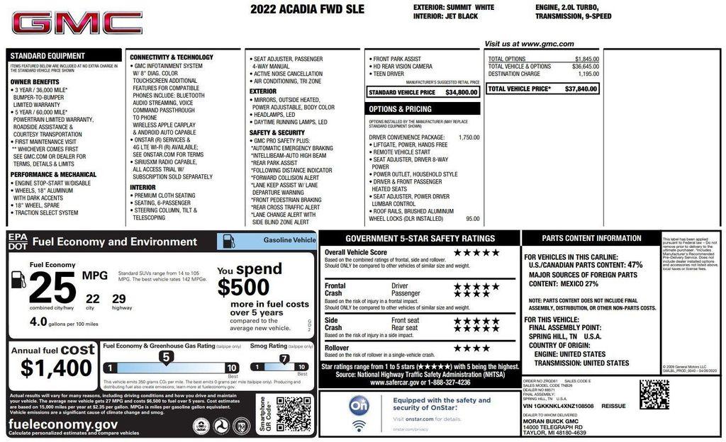 used 2022 GMC Acadia car, priced at $24,600