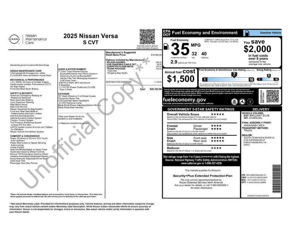 new 2025 Nissan Versa car, priced at $19,294