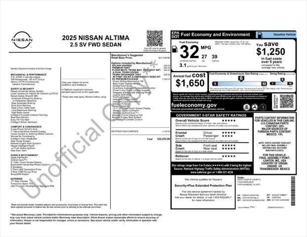 new 2025 Nissan Altima car, priced at $29,275
