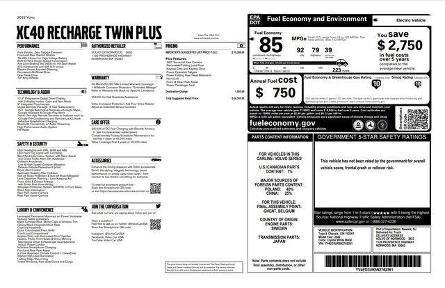 used 2022 Volvo XC40 Recharge Pure Electric car, priced at $27,777