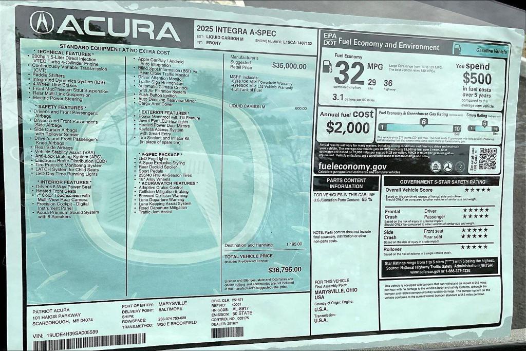 new 2025 Acura Integra car, priced at $36,795