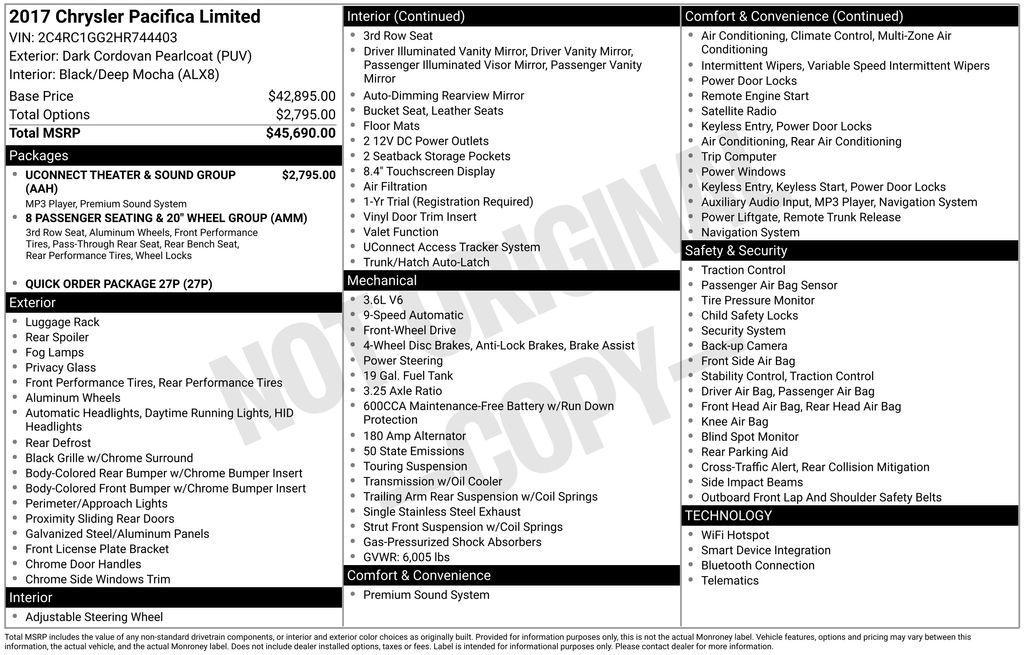 used 2017 Chrysler Pacifica car, priced at $13,655