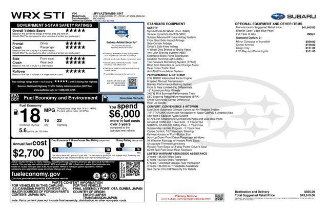 used 2021 Subaru WRX STI car, priced at $33,254