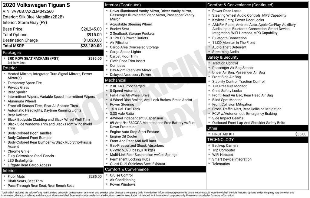 used 2020 Volkswagen Tiguan car, priced at $16,580