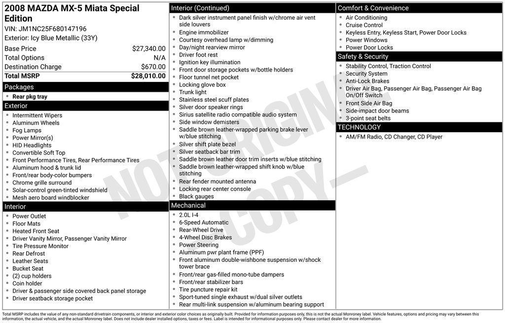 used 2008 Mazda MX-5 Miata car, priced at $13,997