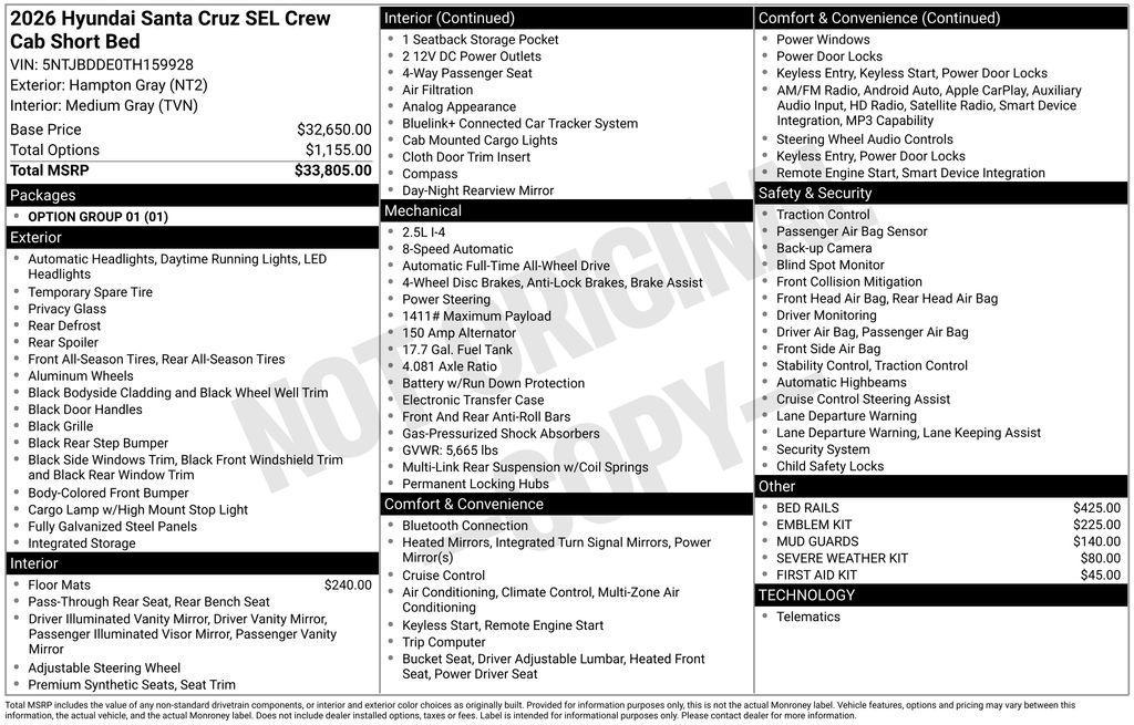 new 2026 Hyundai SANTA CRUZ car, priced at $33,576