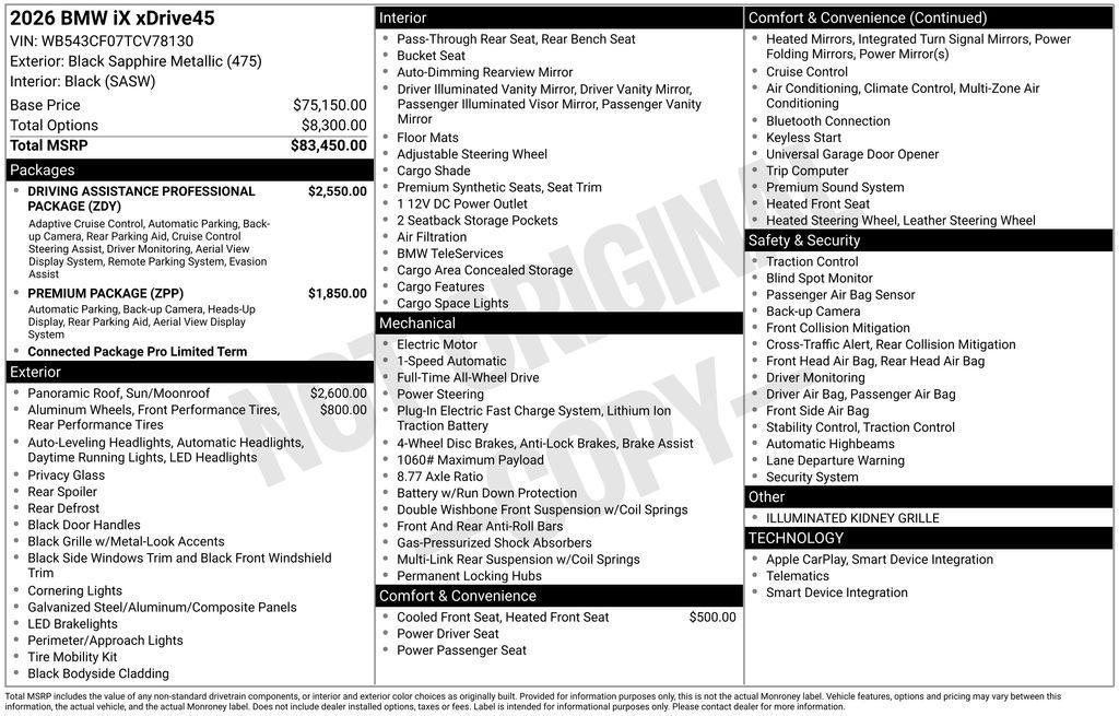 new 2026 BMW iX car, priced at $84,945