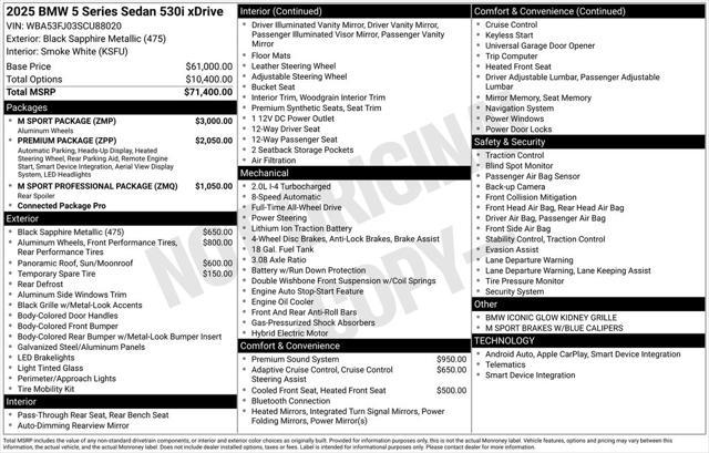 new 2025 BMW 530 car, priced at $73,070