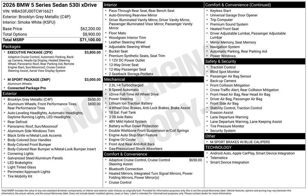 new 2026 BMW 530 car, priced at $72,090