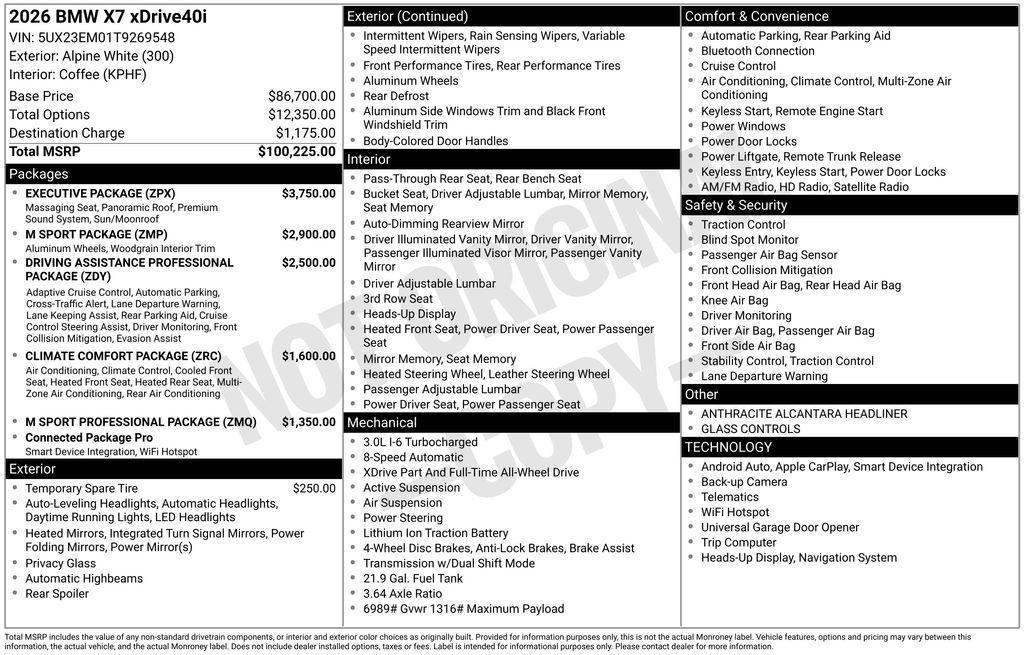 new 2026 BMW X7 car, priced at $100,735