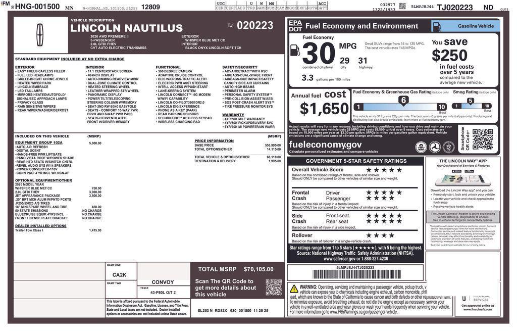 new 2026 Lincoln Nautilus car, priced at $66,301