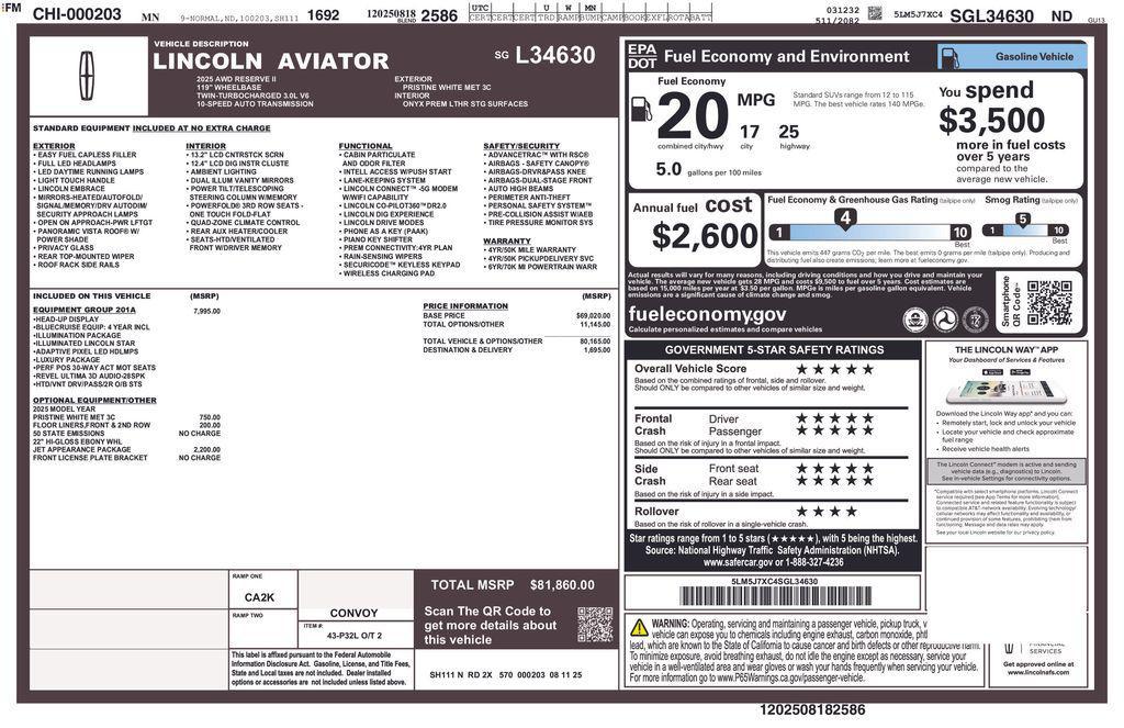 new 2025 Lincoln Aviator car, priced at $78,586