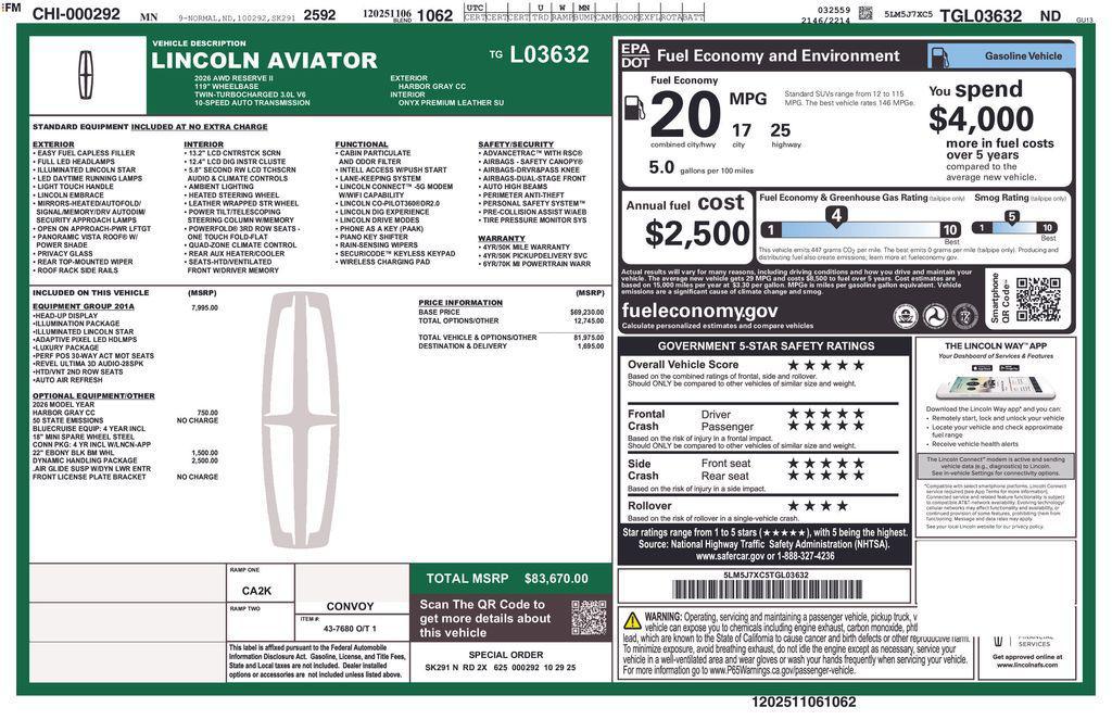 new 2026 Lincoln Aviator car, priced at $80,323