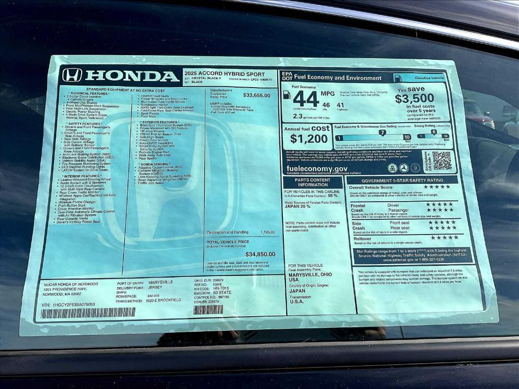 new 2025 Honda Accord Hybrid car, priced at $34,849