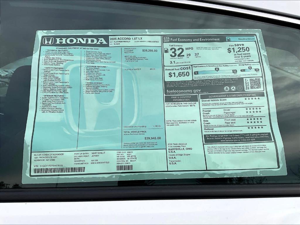 new 2025 Honda Accord car, priced at $28,934
