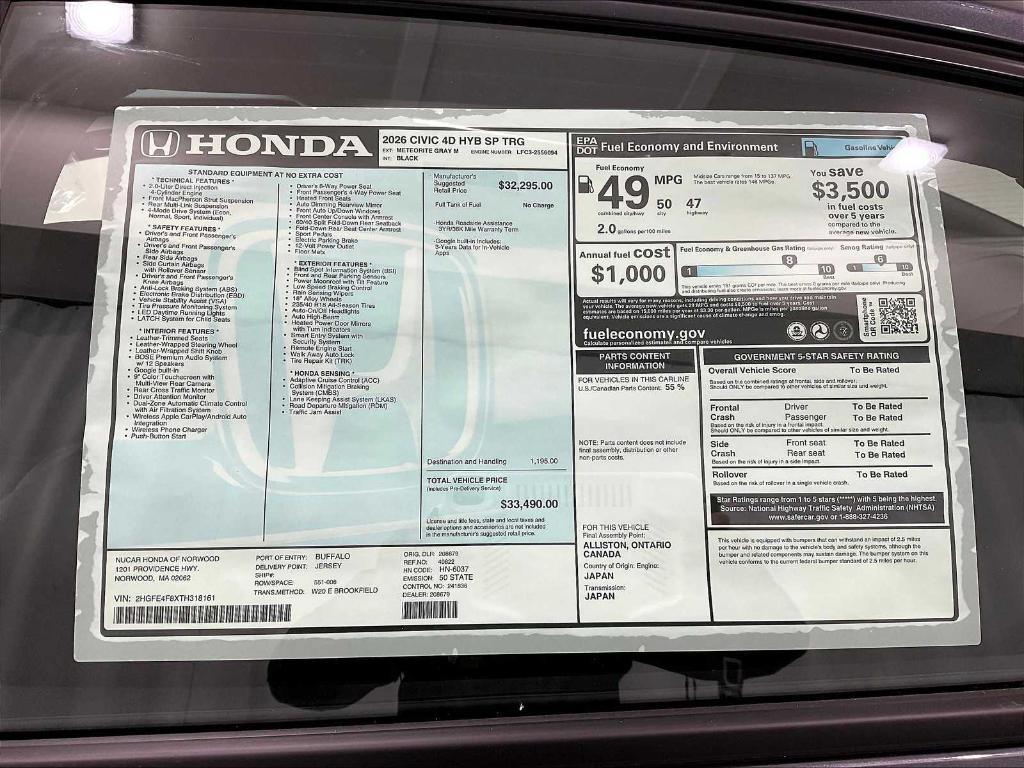 new 2026 Honda Civic Hybrid car, priced at $31,688
