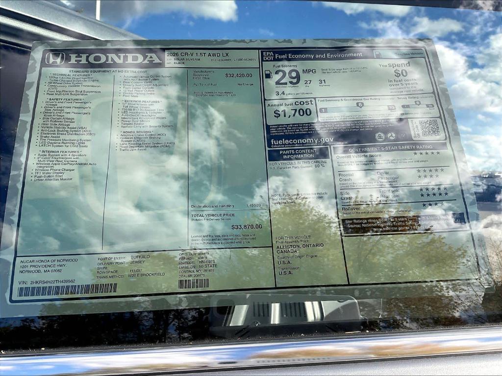 new 2026 Honda CR-V car, priced at $33,870