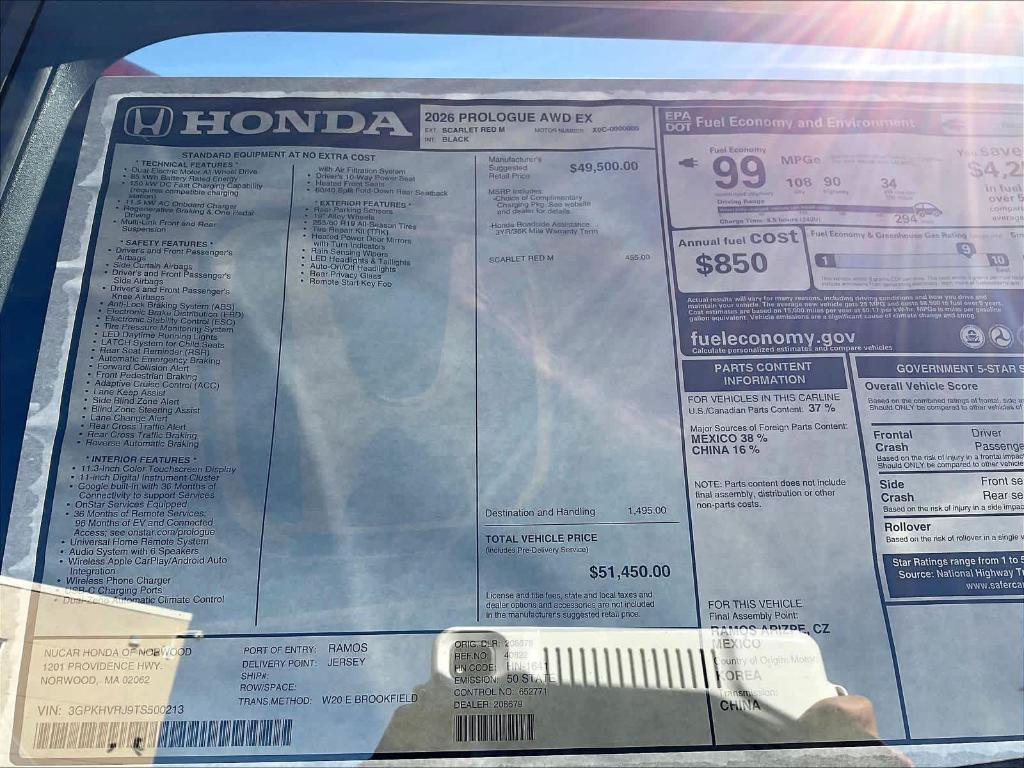 new 2026 Honda Prologue car, priced at $51,450