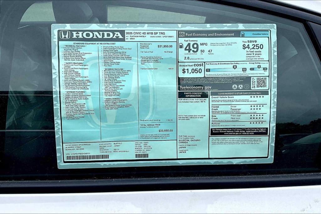 new 2025 Honda Civic Hybrid car, priced at $33,555