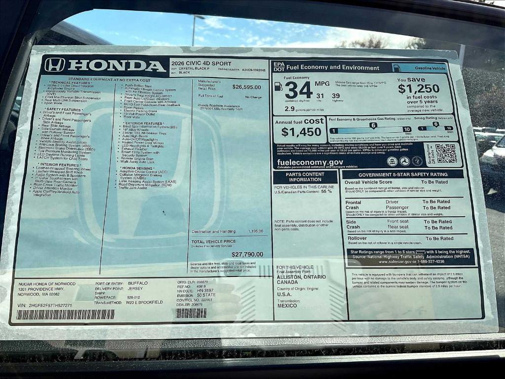 new 2026 Honda Civic car, priced at $27,190