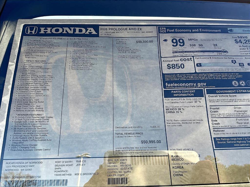 new 2026 Honda Prologue car, priced at $50,995