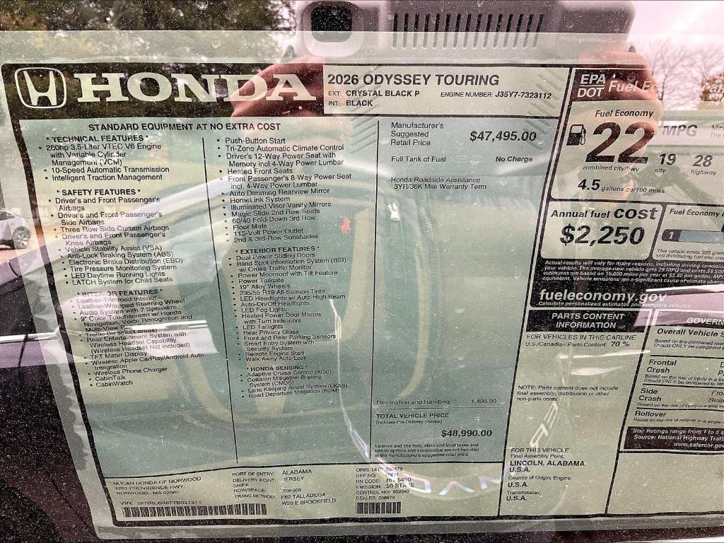 new 2026 Honda Odyssey car, priced at $48,990