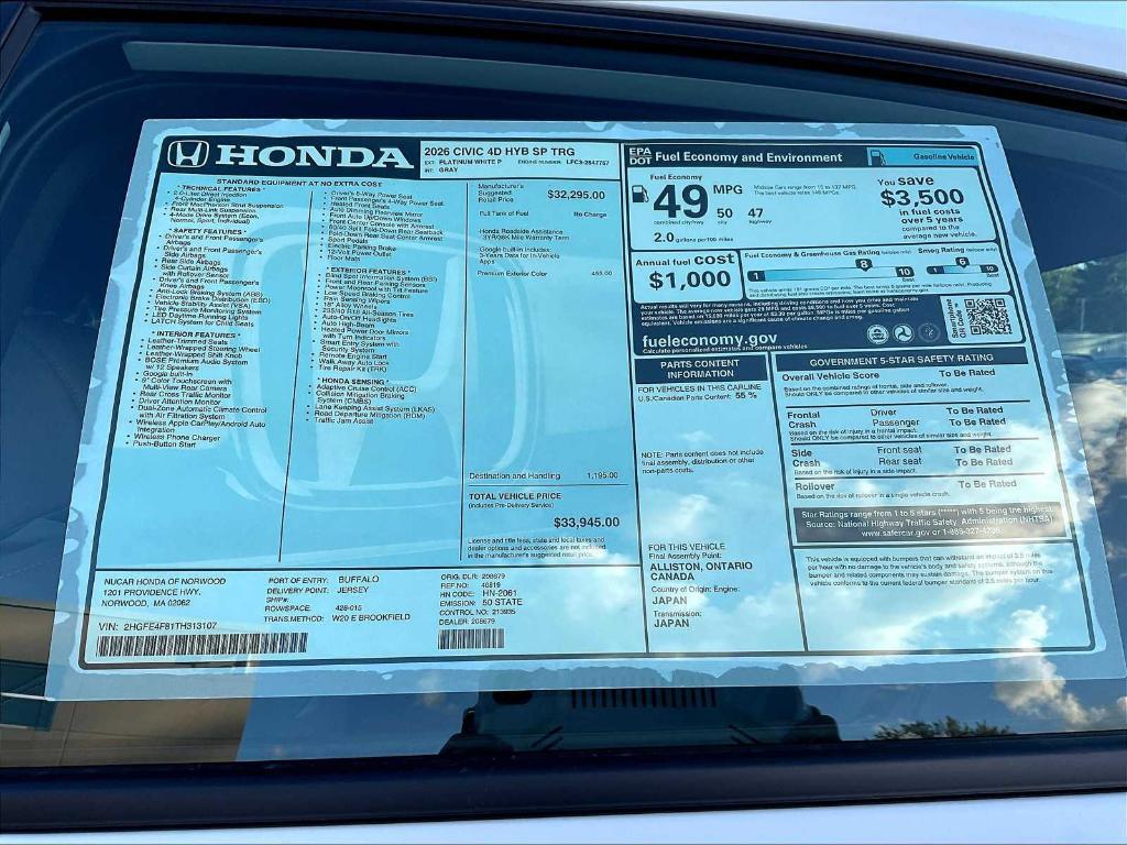 new 2026 Honda Civic Hybrid car, priced at $32,121