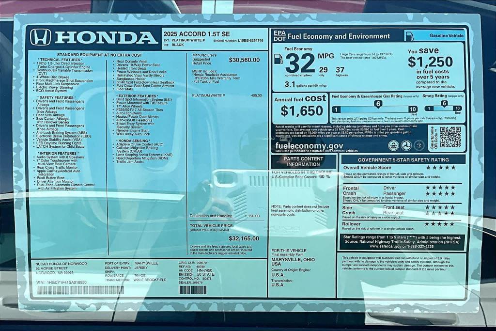 new 2025 Honda Accord car, priced at $32,165
