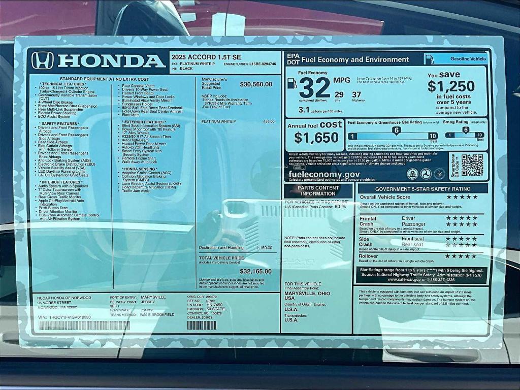 new 2025 Honda Accord car, priced at $30,706