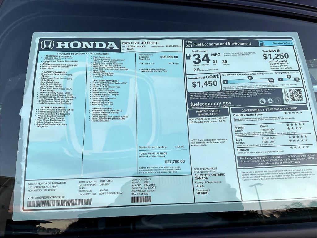 new 2026 Honda Civic car, priced at $27,790