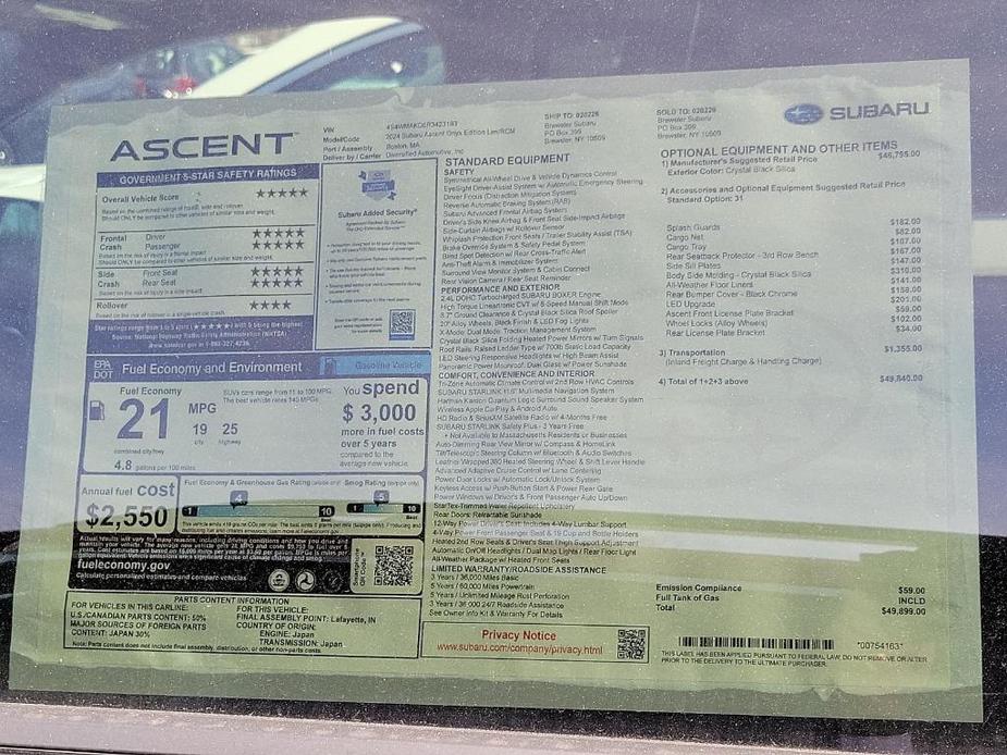 new 2024 Subaru Ascent car, priced at $49,899