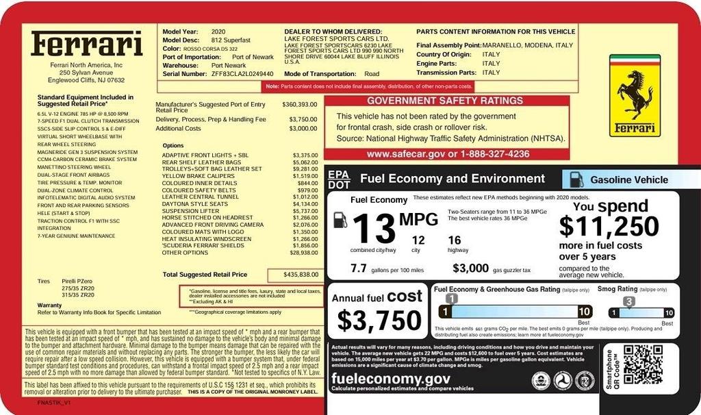 used 2020 Ferrari 812 Superfast car, priced at $409,800