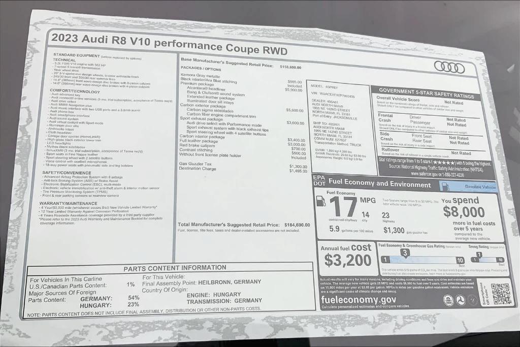 new 2023 Audi R8 car, priced at $184,690