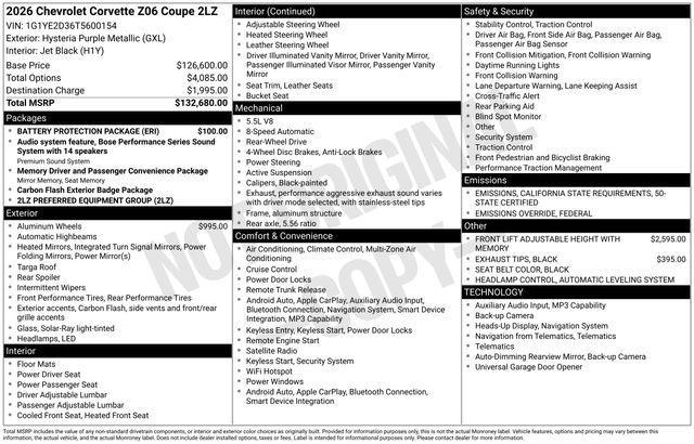 new 2026 Chevrolet Corvette car, priced at $127,349