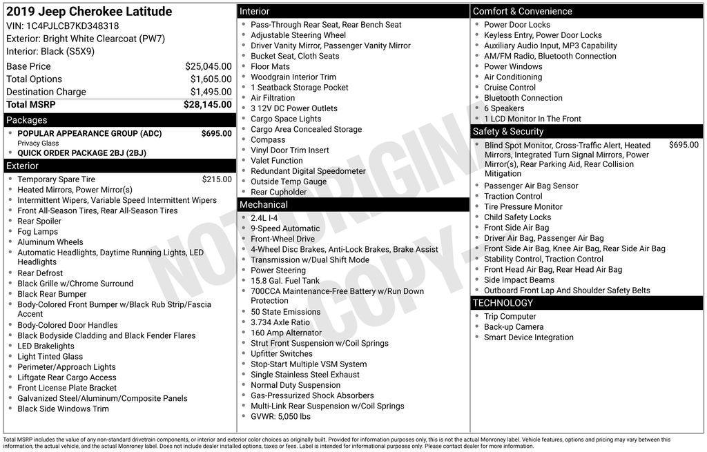 used 2019 Jeep Cherokee car, priced at $13,000