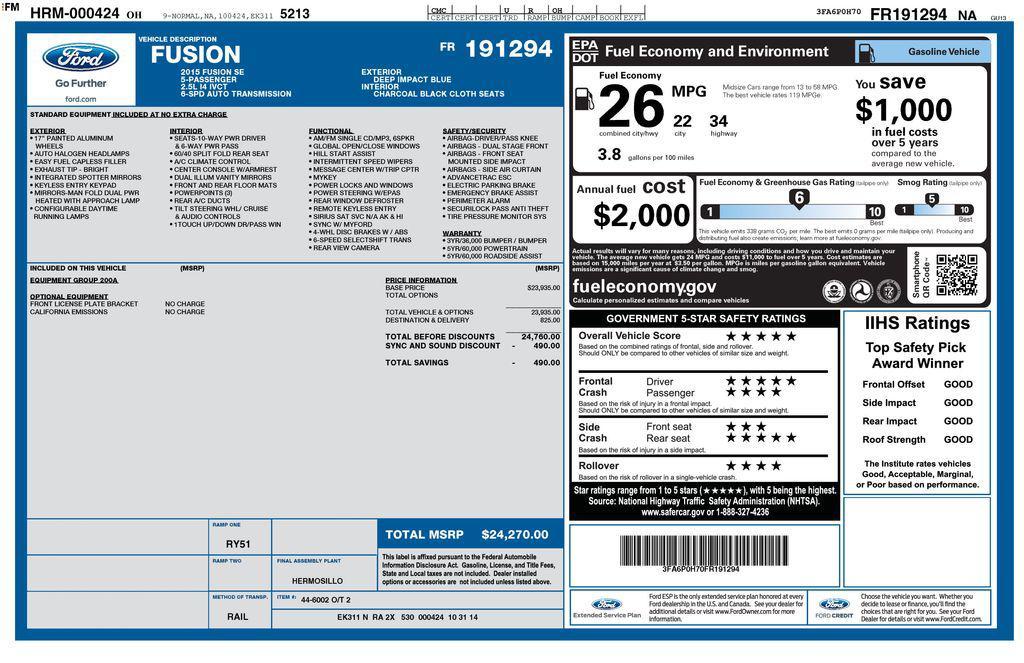 used 2015 Ford Fusion car, priced at $8,500