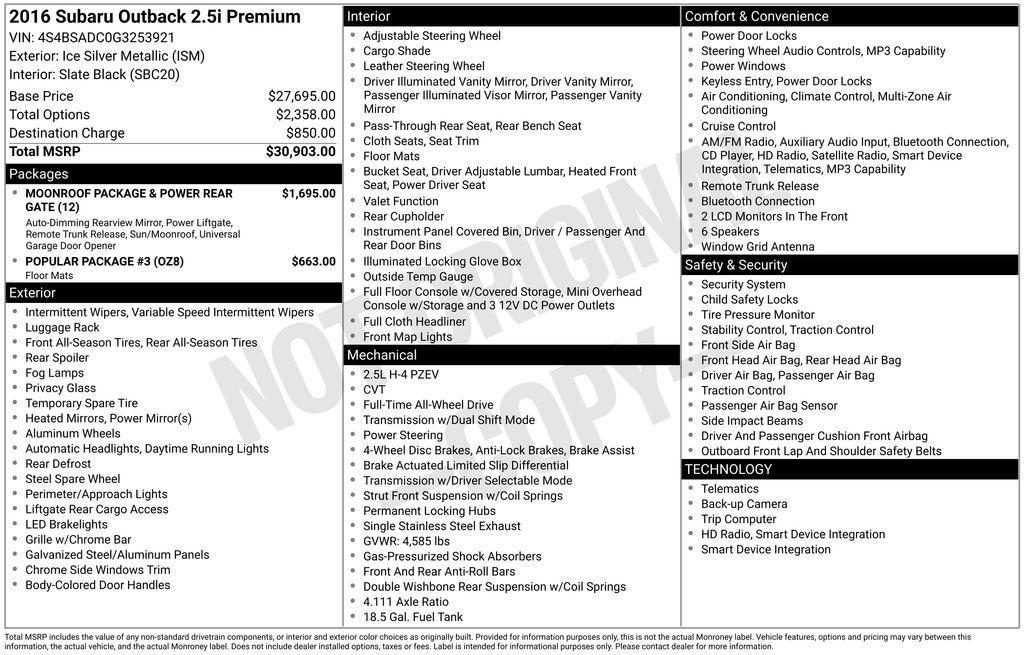 used 2016 Subaru Outback car, priced at $13,500