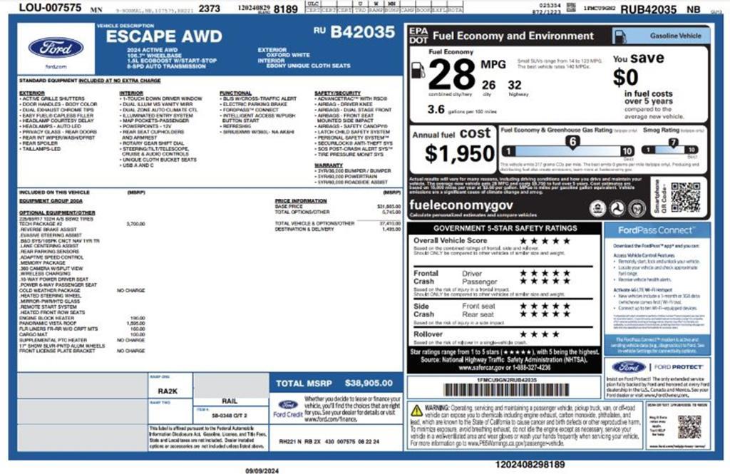 new 2024 Ford Escape car, priced at $38,905