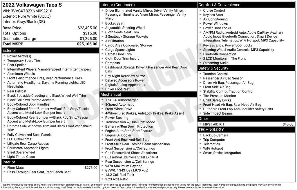 used 2022 Volkswagen Taos car, priced at $16,999