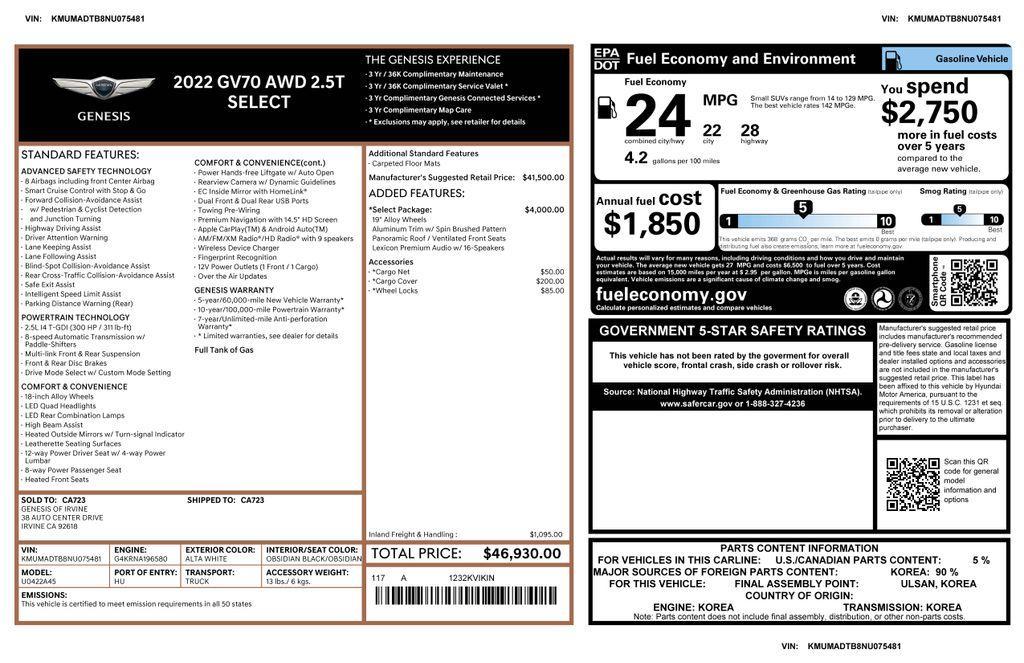 used 2022 Genesis GV70 car, priced at $31,975