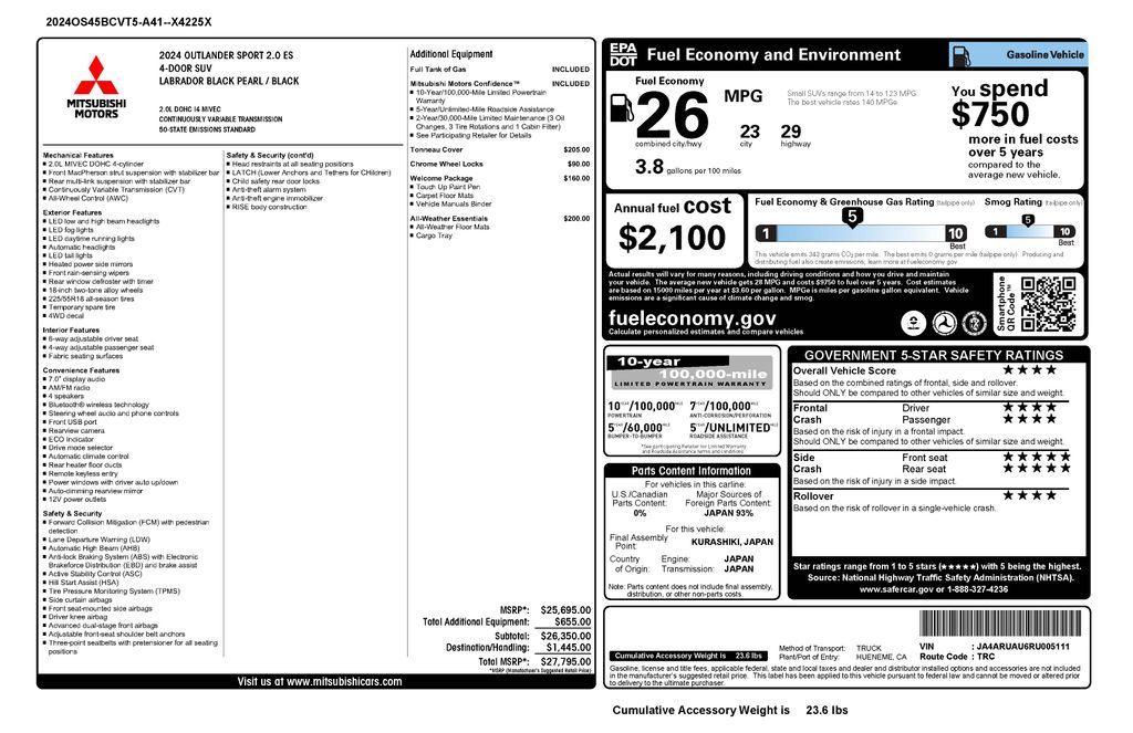 used 2024 Mitsubishi Outlander Sport car, priced at $19,973