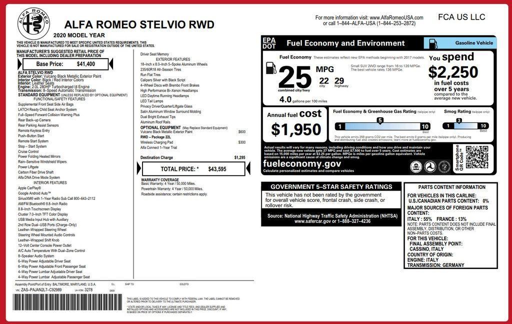 used 2020 Alfa Romeo Stelvio car, priced at $21,973