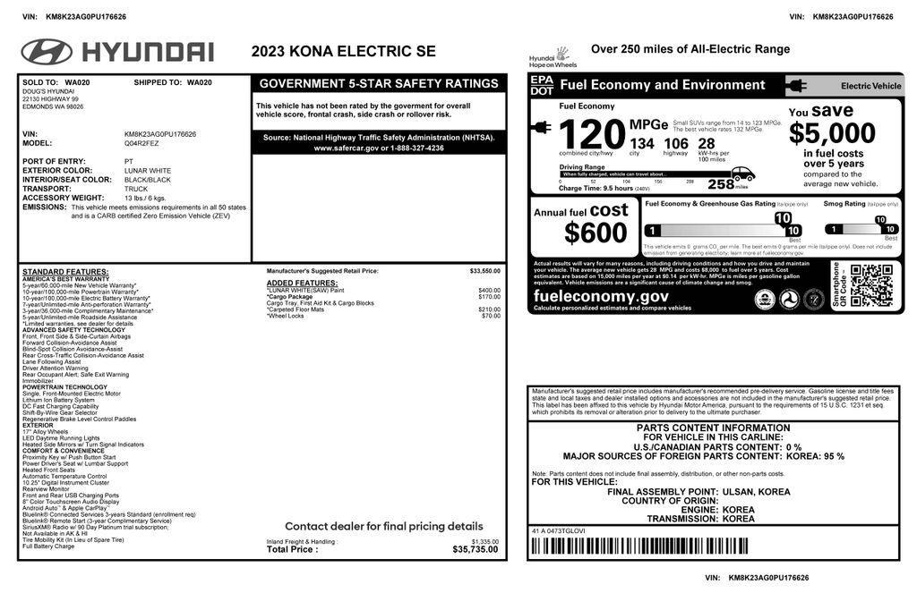 used 2023 Hyundai Kona EV car, priced at $18,975