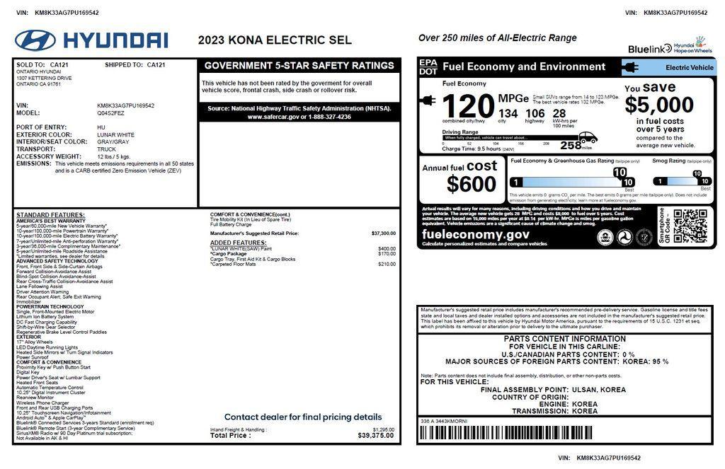 used 2023 Hyundai Kona EV car, priced at $19,973
