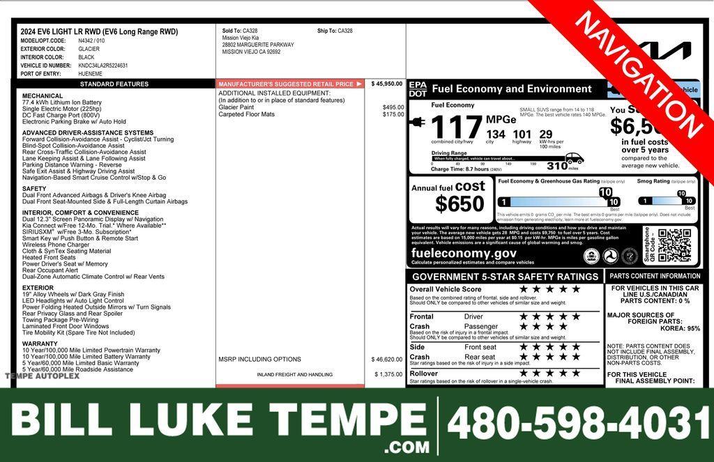 used 2024 Kia EV6 car, priced at $26,973