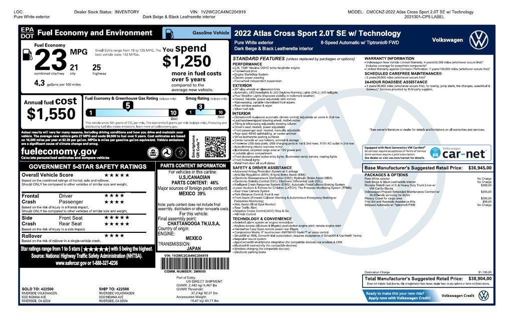 used 2022 Volkswagen Atlas Cross Sport car, priced at $22,575