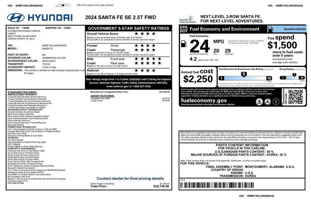 used 2024 Hyundai Santa Fe car, priced at $23,475