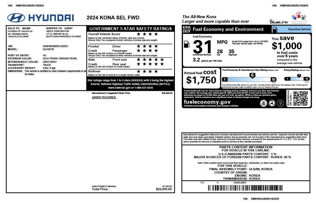 used 2024 Hyundai Kona car, priced at $22,173